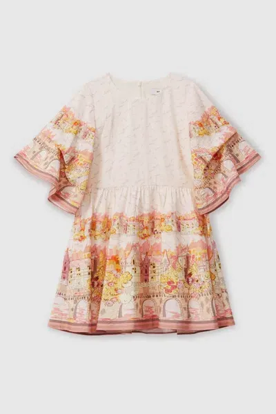 Reiss Pink Print Teen Placement Print Flare Sleeve Dress