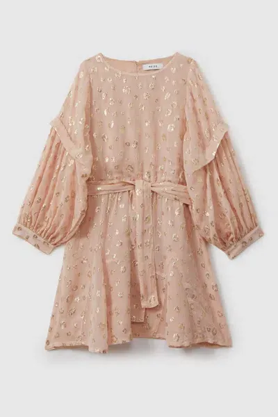 Reiss Pink Teen Metallic Jacquard Print Puff Sleeve Dress