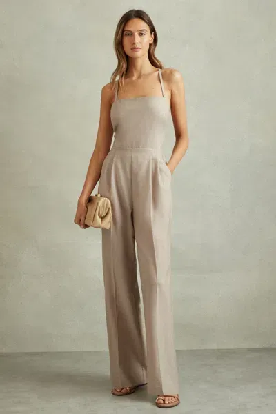 Reiss Neutral Wool Tailored Strappy Jumpsuit