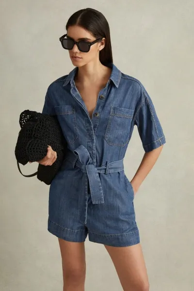 Reiss Indigo Seren Denim Belted Playsuit In Navy Denim