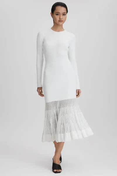 Reiss Cream Tasmin Knitted Sheer Flared Midi Dress