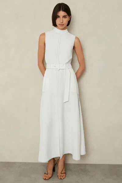 Reiss Ivory Contrast Stitch Belted Midi Dress