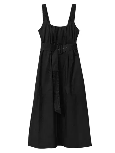 Reiss Black Cotton Ruched Strap Belted Midi Dress