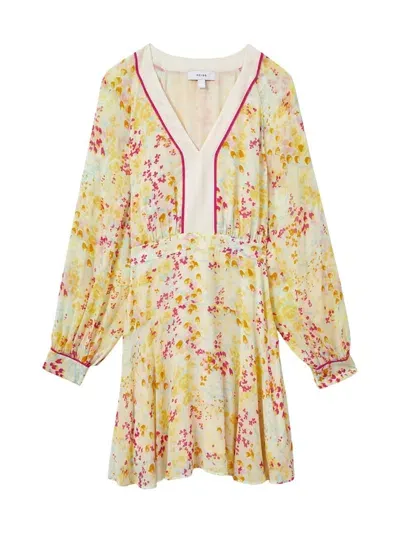 Reiss Womens Molly Buttercup-print V-neck Woven Mini Dress Pink/yellow In Yellow Pink