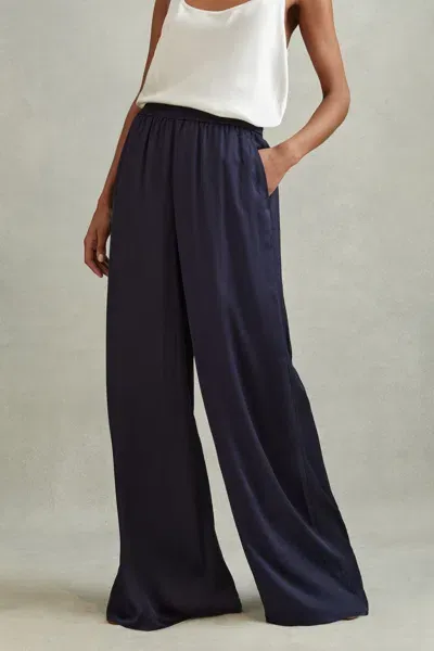 Reiss Navy Yara Petite Satin Elasticated Waist Wide Leg Trousers