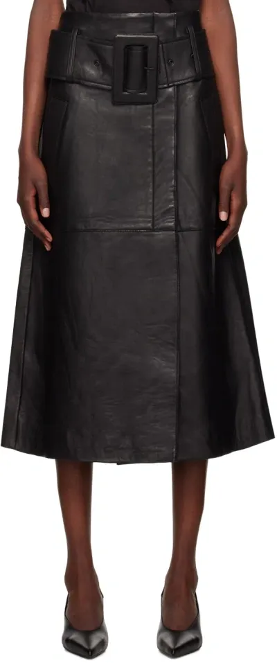 Remain Birger Christensen Black Bonded Leather Midi Skirt In 100 Black