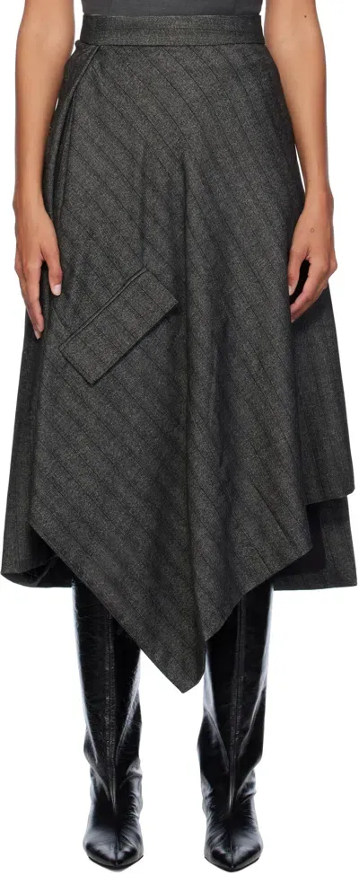 Remain Birger Christensen Gray Striped Draped Midi Skirt In Comb Black Comb