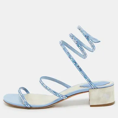 Pre-owned René Caovilla Blue Satin Crystal Embellished Cleo Sandals Size 38