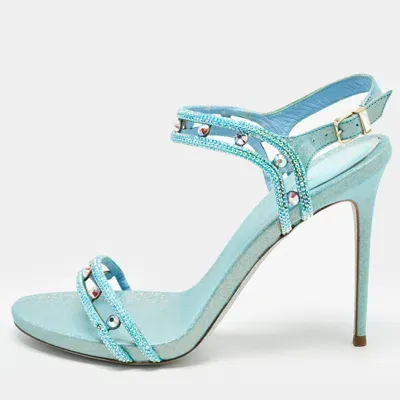 Pre-owned René Caovilla Metallic Blue Leather And Crystal Embellished Ankle Strap Sandals Size 39