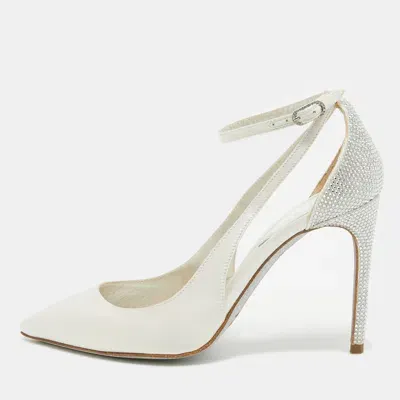 Pre-owned René Caovilla White Satin Crystal Embellished Slingback Ankle Strap Pumps Size 34.5