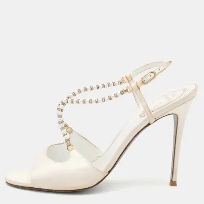 Pre-owned René Caovilla White Satin Embellished Slingback Sandals Size 40