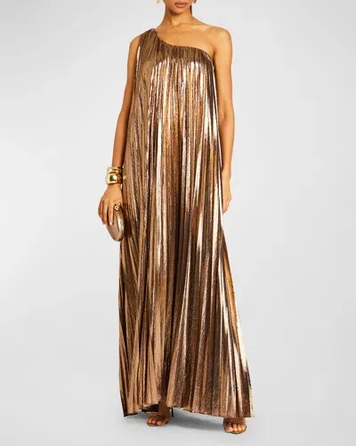 Retroféte Kensley One-shoulder Metallic Pleated Maxi Dress In Metallic Bronze