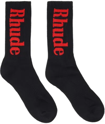 Rhude Black Vertical Logo Socks In Black/red