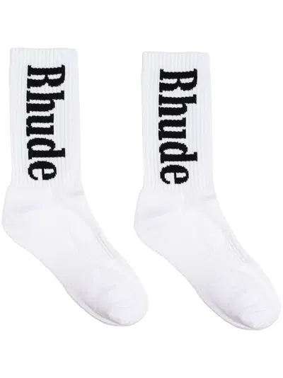 Rhude Logo-intarsia Socks In White