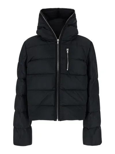 Rick Owens Black Cropped Hooded Down Jacket With Zip In Tech Fabric Man