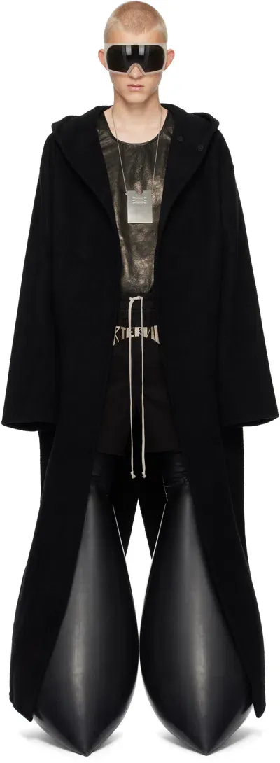 Rick Owens Black Porterville Hooded Robe Long Coat In 09 Black