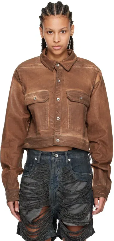 Rick Owens Drkshdw Brown Cape Sleeve Cropped Denim Jacket In 54 Henna Brown