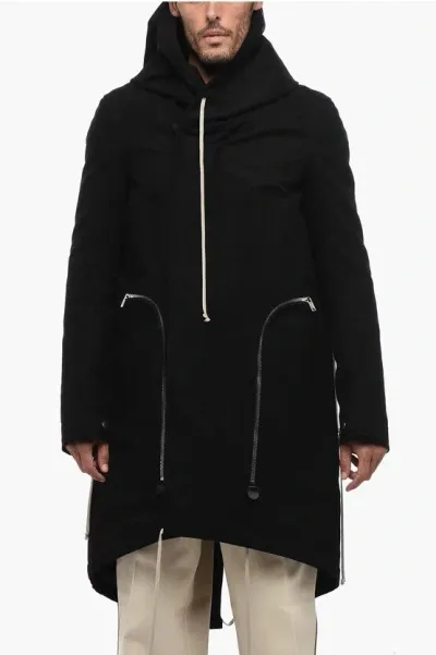 Rick Owens Hooded Bauhaus Coat In Black