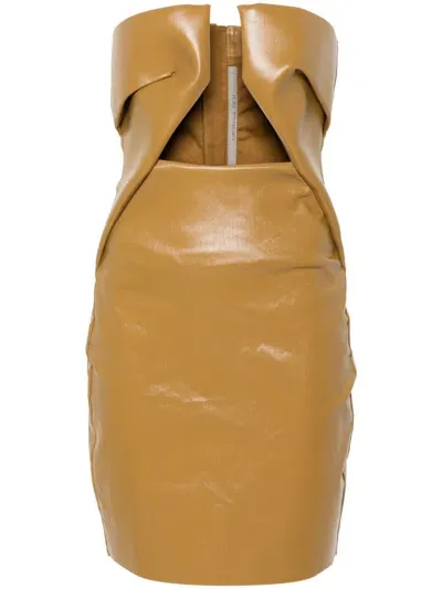 Rick Owens Strapless Coated-denim Mini Dress In Brown