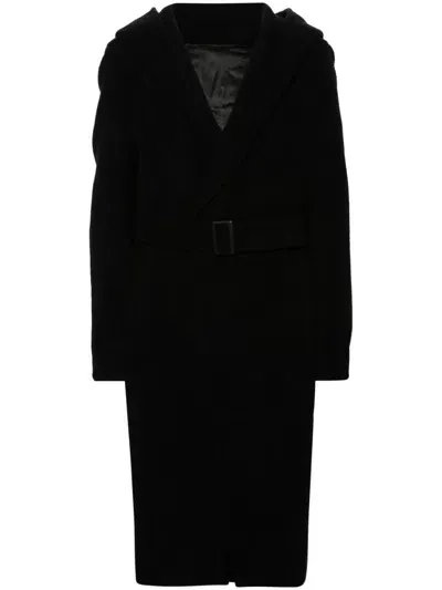 Rick Owens Slim Hoodie Cashmere Coat In Black