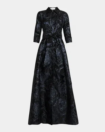 Rickie Freeman For Teri Jon A-line Metallic Jacquard Shirt Gown In Black Sap