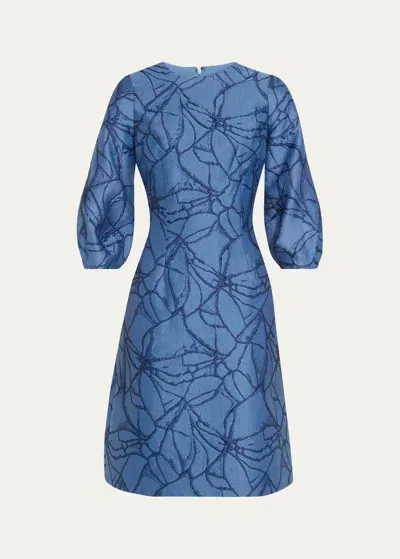 Rickie Freeman For Teri Jon Balloon-sleeve Jacquard Dress In Slate Blue