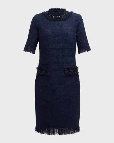 Rickie Freeman For Teri Jon Beaded Fringe-trim Boucle Midi Dress In Navy