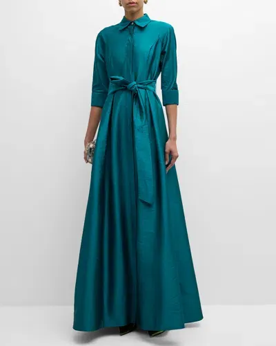 Rickie Freeman For Teri Jon Belted A-line Taffeta Shirt Gown In Emerald