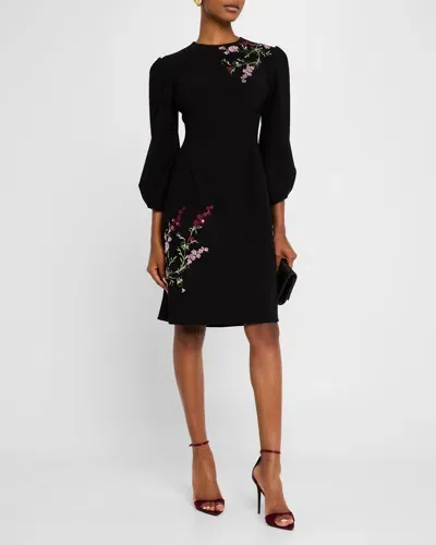 Rickie Freeman For Teri Jon Blouson-sleeve Floral Applique Crepe Dress In Black