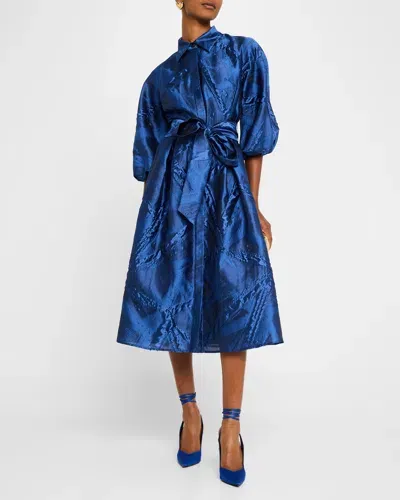 Rickie Freeman For Teri Jon Blouson-sleeve Jacquard Midi Shirtdress In Slate Blue