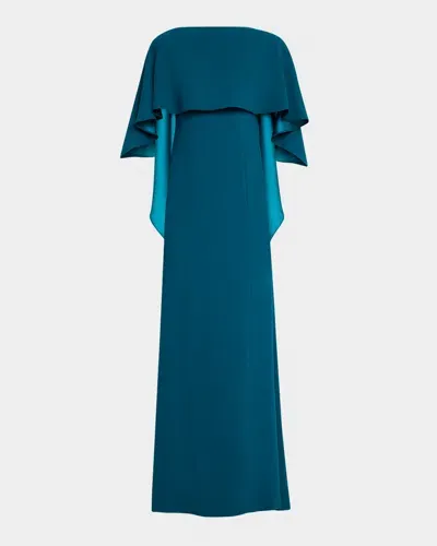 Rickie Freeman For Teri Jon Crepe Back Satin Cape Gown In Teal