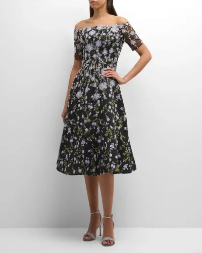 Rickie Freeman For Teri Jon Floral-embroidered Off-shoulder Midi Dress In Black Mult