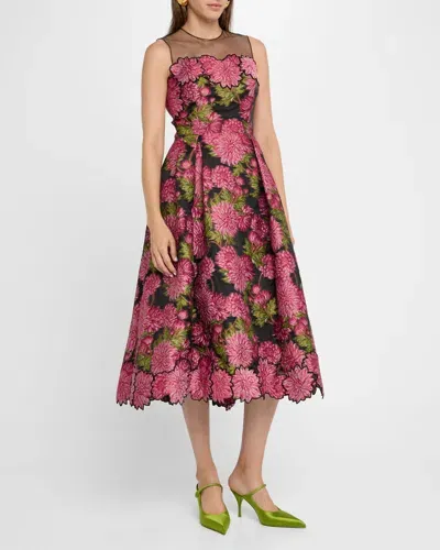 Rickie Freeman For Teri Jon Floral Jacquard Illusion Midi Dress In Red Multi