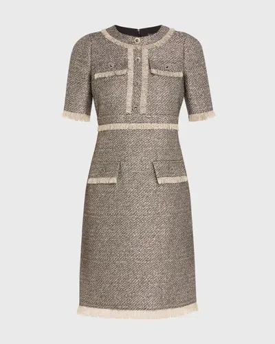 Rickie Freeman For Teri Jon Fringe-trim Metallic Tweed Dress In Plat Mul