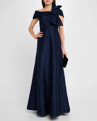 Rickie Freeman For Teri Jon Off-shoulder Floral Jacquard Bow Gown In Dark Navy