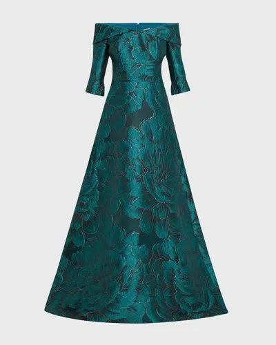 Rickie Freeman For Teri Jon Off-shoulder Floral Jacquard Gown In Teal Multi