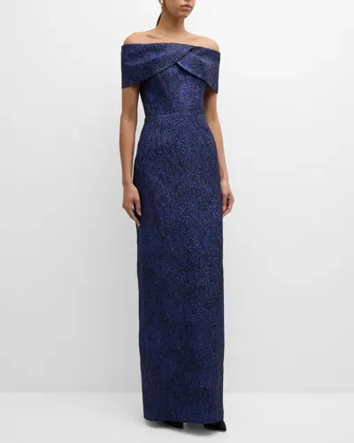 Rickie Freeman For Teri Jon Off-shoulder Jacquard Column Gown In Navyblack