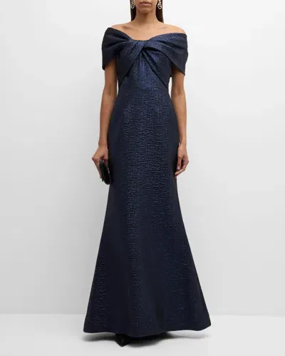 Rickie Freeman For Teri Jon Off-shoulder Metallic Jacquard Mermaid Gown In Sapphire