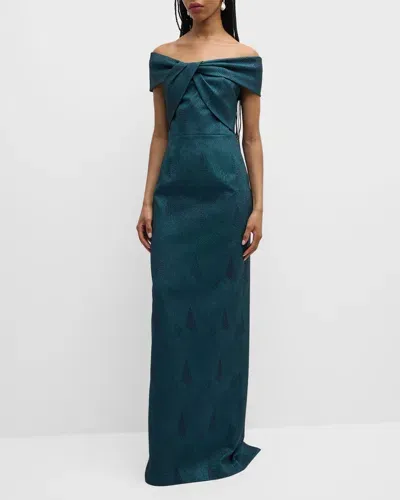 Rickie Freeman For Teri Jon Off-shoulder Stretch Jacquard Column Gown In Greenblue