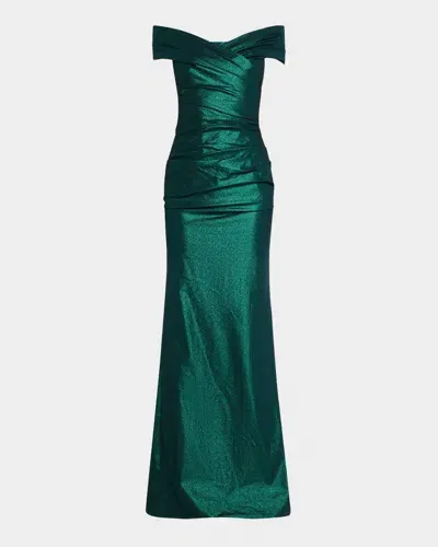 Rickie Freeman For Teri Jon Off-shoulder Stretch Metallic Gown In Emerald