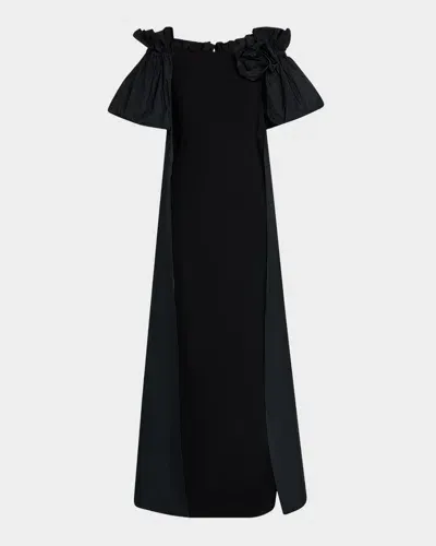 Rickie Freeman For Teri Jon Off-shoulder Taffeta & Crepe Cape Gown In Black