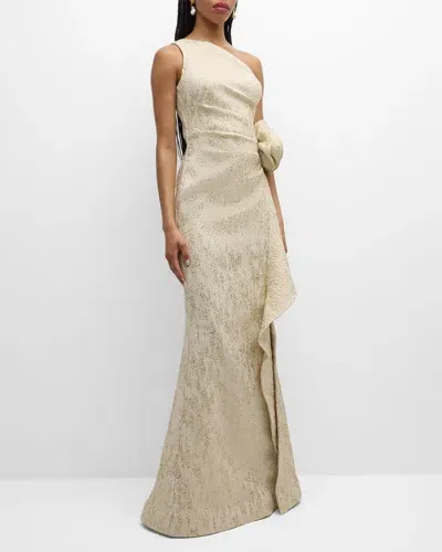 Rickie Freeman For Teri Jon One-shoulder Metallic Jacquard Trumpet Gown In Gold