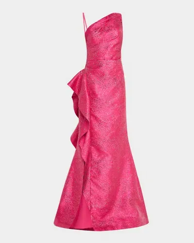 Rickie Freeman For Teri Jon One-shoulder Metallic Jacquard Trumpet Gown In Hot Pink