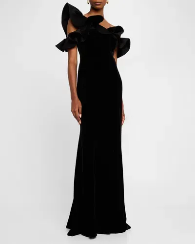 Rickie Freeman For Teri Jon One-shoulder Ruffle Stretch Velvet Gown In Black