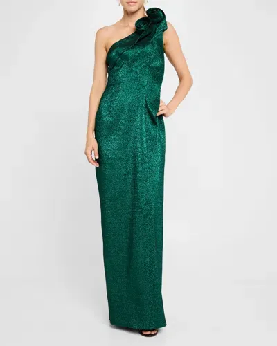 Rickie Freeman For Teri Jon One-shoulder Sparkle Jacquard Column Gown In Emerald