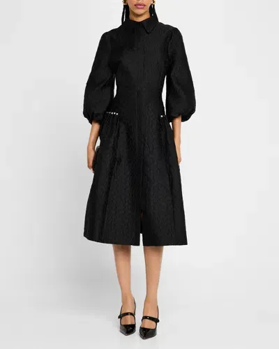 Rickie Freeman For Teri Jon Pearly-trim Jacquard Midi Shirtdress In Black