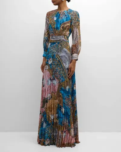 Rickie Freeman For Teri Jon Pleated Floral & Snakeskin-print Chiffon Gown In Blue Multi