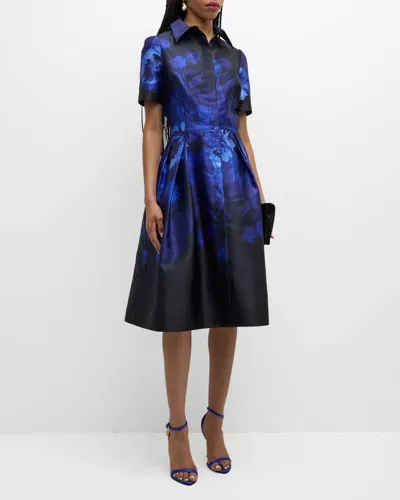 Rickie Freeman For Teri Jon Pleated Floral-print Shirtdress In Royal Mult