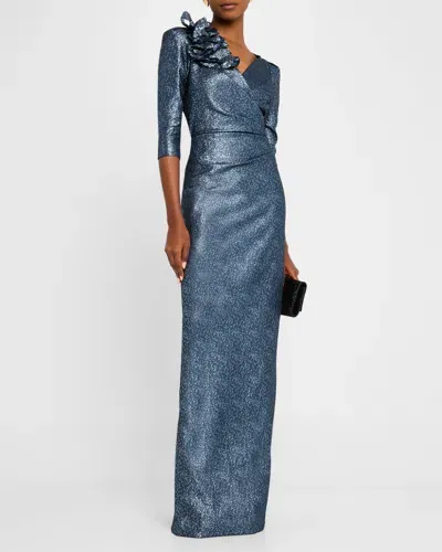 Rickie Freeman For Teri Jon Pleated Metallic Jacquard Column Gown In Slate