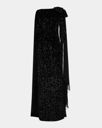 Rickie Freeman For Teri Jon Sequin Velvet Column Cape Gown In Black